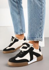 Czarno-Beżowe Sneakersy Tenisówki z Ozdobnym Językiem Alaviela. Czarne trampki Born2be, bez wzorów, z jeansu, eleganckie, bez zapięcia. W wyprzedaży za 84.99 zł.
