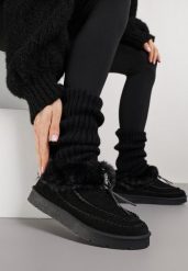 Czarne Śniegowce na Platformie Ozdobione Haftem i Futerkiem Linedis. Czarne śniegowce Renee, bez wzorów, z futra, bez zapięcia. Za 99.99 zł.