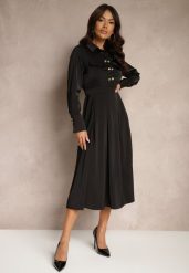 Czarna Koszulowa Sukienka o Rozkloszowanym Kroju z Gumką w Pasie i Imitacją Kieszeni Etaviela. Czarne sukienki Renee, na co dzień, l, bez wzorów, eleganckie, bez kołnierzyka, bez ramiączek, midi, kopertowe. W wyprzedaży za 135.99 zł.