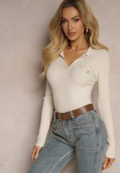 Jasnobeżowy Sweter Prążkowany z Modalem i Wiskozą Ozdobiony Kołnierzykiem Delanoriel. Brązowe swetry Renee, m, bez wzorów, z jeansu, casualowe, bez ramiączek. W wyprzedaży za 63.99 zł.