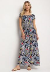 Granatowa Bawełniana Sukienka z Abstrakcyjnym Wzorem i Gumką w Pasie Orralisa. Niebieskie sukienki Born2be, na co dzień, l, bez wzorów, z bawełny, eleganckie, bez kołnierzyka, bez ramiączek, midi, proste. Za 59.99 zł.