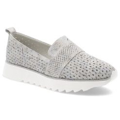 Srebrne Półbuty S.Barski Obuwie Damskie Ze Skóry Naturalnej. Szare półbuty wsuwane S.BARSKI, w ażurowe wzory, ze skóry, eleganckie, bez obcasa. Za 178.99 zł.