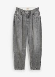 Jeansy barrel, mid waist, cropped. Niebieskie jeansy bonprix, bez wzorów, z bawełny. Za 122.99 zł.