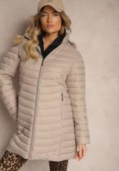 Beżowa Kurtka o Wydłużonym Kroju Pikowana z Odpinanym Kapturem Sintinea. Brązowe kurtki Renee, s, bez wzorów, z jeansu, eleganckie. W wyprzedaży za 82.49 zł.