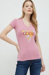 Guess t-shirt damski kolor różowy. Czerwone t-shirty Guess, z aplikacjami, z bawełny, bez kołnierzyka, bez ramiączek. Za 169.99 zł.