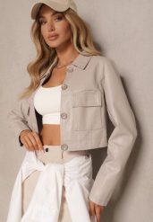 Beżowa Koszulowa Kurtka z Ekoskóry o Krótkim Kroju z Kieszeniami Sesadoris. Brązowe kurtki Renee, l, bez wzorów, z jeansu, eleganckie, bez kaptura. Za 169.99 zł.