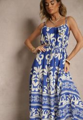 Niebieska Rozkloszowana Sukienka z Wiskozy Zdobiona Broszką i Wiązaniem Marionela. Niebieskie sukienki Renee, na co dzień, l, z aplikacjami, z wiskozy, eleganckie, bez kołnierzyka, bez ramiączek, midi, rozkloszowane. W wyprzedaży za 63.99 zł.