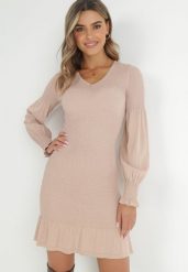 Beżowa Sukienka Dopasowana z Marszczoną Gumką i Falbanką Kima. Brązowe sukienki Born2be, na co dzień, m, bez wzorów, z jeansu, eleganckie, bez kołnierzyka, bez ramiączek, mini, dopasowane. W wyprzedaży za 161.49 zł.