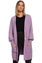 Prążkowany Kardigan z Naszytymi Kieszeniami - Lawendowy. Fioletowe swetry MOE, l, bez wzorów, z materiału, bez ramiączek. Za 229.90 zł.