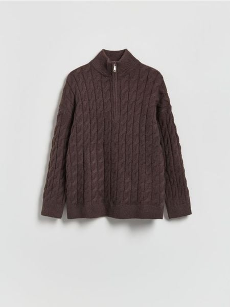 Sweter z zapięciem na zamek - ciemnobrązowy. Brązowe swetry Reserved, l, bez wzorów, z dzianiny, bez ramiączek. Za 159.99 zł.