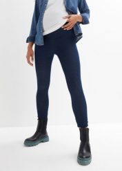 Miękkie legginsy ciążowe ocieplane w optyce dżinsowych. Niebieskie legginsy bonprix, bez wzorów, z jeansu. Za 149.99 zł.