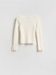 Bluzka z ozdobną wstawką - kremowy. Białe bluzki Reserved, l, bez wzorów, z dzianiny, bez kołnierzyka, bez ramiączek. Za 99.99 zł.