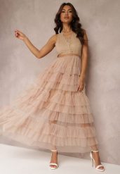 Beżowa Sukienka Koktajlowa z Koronkową Górą i Rozkloszowanym Tiulowym Dołem Venisa. Brązowe sukienki Renee, na imprezę, m, bez wzorów, z koronki, eleganckie, bez kołnierzyka, bez ramiączek, maxi, rozkloszowane. W wyprzedaży za 183.99 zł.