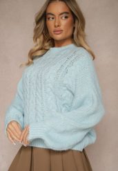 Niebieski Sweter z Wełną o Eleganckim Warkoczowym Splotem Makkaria. Niebieskie swetry Renee, na jesień, z aplikacjami, z jeansu, eleganckie, bez ramiączek. W wyprzedaży za 127.99 zł.