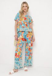 Jasnoniebieski Komplet z Wiskozy w Stylu Boho Bluzka i Szerokie Spodnie Valisha. Niebieskie bluzki Born2be, s, bez wzorów, z wiskozy, boho, bez kołnierzyka, bez ramiączek. Za 99.99 zł.