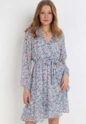 Niebieska Sukienka Iphaia. Niebieskie sukienki Born2be, l, bez wzorów, z materiału, bez kołnierzyka, bez ramiączek, mini, kopertowe. Za 159.99 zł.