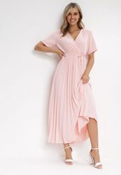 Różowa Sukienka Plisowana Maxi z Wiązanym Paskiem Dianiza. Czerwone sukienki Born2be, bez wzorów, z materiału, bez kołnierzyka, bez ramiączek, maxi. Za 139.99 zł.