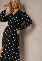 Czarna Wiskozowa Sukienka o Koszulowym Fasonie w Kropki z Paskiem i Kieszeniami Liliea. Czarne sukienki Renee, na spotkanie biznesowe, l, bez wzorów, z wiskozy, eleganckie, bez kołnierzyka, bez ramiączek, koszulowe. W wyprzedaży za 111.99 zł.