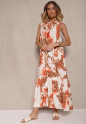 Pomarańczowa Sukienka z Wiskozą w Kwiaty Liorissa. Brązowe sukienki Renee, na imprezę, l, z aplikacjami, z wiskozy, eleganckie, bez kołnierzyka, bez ramiączek, maxi. W wyprzedaży za 75.99 zł.
