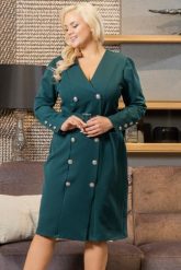 Sukienka biznesowa rozpinana dwurzędowa z ekskluzywnej tkaniny BOGDA butelkowa zieleń. Zielone marynarki i żakiety KARKO, do pracy, plus size, bez wzorów, z elastanu, biznesowe, bez kołnierzyka, plus size, bez ramiączek, dopasowane. Za 489.50 zł.