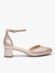 Platynowe ślubne czółenka ze skóry licowej. Brązowe czółenka Ryłko, bez wzorów, ze skóry, eleganckie, z okrągłym noskiem, bez obcasa, na obcasie, bez zapięcia. Za 399.99 zł.