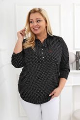 Elegancka czarna tunika w białe kropki PLUS SIZE XXL. Białe tuniki Nasi partnerzy, plus size, bez wzorów, z poliesteru, eleganckie, bez kołnierzyka, bez ramiączek. Za 199.90 zł.
