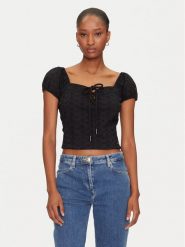 Guess Bluzka W5GP13 KCVA1 Czarny Slim Fit. Czarne bluzki Guess, l, z aplikacjami, z bawełny, bez kołnierzyka, bez ramiączek. Za 219.99 zł.