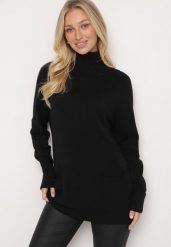 Czarny Golf z Wiskozą Zdobiony Wsuwanymi Kieszonkami Viaela. Czarne swetry Born2be, l, z aplikacjami, z jeansu, eleganckie, plus size, bez ramiączek. W wyprzedaży za 76.49 zł.