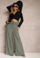 Ciemnozielone Wiskozowe Spodnie Szerokie z Gumką i Sznurkiem w Pasie Tarallia. Zielone jeansy Renee, bez wzorów, z jeansu, eleganckie. W wyprzedaży za 47.99 zł.