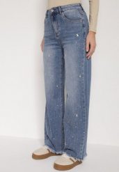 Niebieskie Jeansy z Szerokimi Nogawkami i Wysokim Stanem Zdobione Cyrkoniami Felira. Niebieskie jeansy Born2be, l, z aplikacjami, z jeansu, biznesowe, z podwyższonym stanem. Za 119.99 zł.