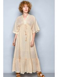 H.H.G. Sukienka w kolorze beżowym rozmiar: S. Brązowe sukienki H.H.G., s, bez wzorów, z bawełny, bez kołnierzyka, bez ramiączek, maxi. Za 110.04 zł.