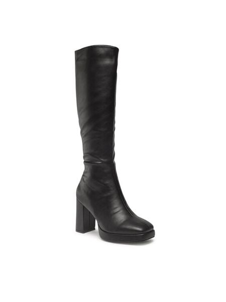 DeeZee Kozaki H040301-01 Czarny. Czarne kozaki DeeZee, bez wzorów, ze skóry, bez obcasa, na słupku, bez zapięcia. Za 229.99 zł.