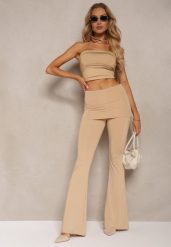 Beżowe Elastyczne Spodnie o Kroju Dzwonów High Waist z Modelującego Materiału Ivolea. Brązowe jeansy Renee, l, bez wzorów, z dzianiny, z podwyższonym stanem. W wyprzedaży za 56.99 zł.