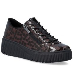 Półbuty damskie lakierowane sneakersy kroko brązowe Rieker N2555-25. Brązowe półbuty wsuwane Rieker, bez wzorów, z lakierowanej skóry, bez obcasa. Za 389.00 zł.