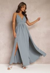 Szara Rozkloszowana Sukienka Maxi na Ramiączkach z Trójkątnym Dekoltem Claudi. Szare sukienki Renee, l, bez wzorów, z tkaniny, eleganckie, bez kołnierzyka, dla wysokich, bez ramiączek, maxi, rozkloszowane. W wyprzedaży za 99.99 zł.