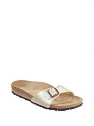 Birkenstock Klapki "Madrid" w kolorze kremowym rozmiar: 39. Brązowe klapki Birkenstock, bez wzorów, klasyczne, z otwartym noskiem, bez obcasa, bez zapięcia. Za 231.95 zł.