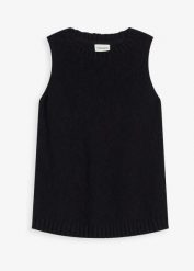 Top dzianinowy z bawełny o pętelkowej strukturze. Czarne topy bonprix, bez wzorów, z bawełny, eleganckie, bez kołnierzyka, bez ramiączek. Za 37.99 zł.