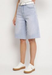 Jasnoniebieskie Szorty Bawełniane Bermudy Jeansowe z Wyższym Stanem Tenacea. Niebieskie szorty Born2be, bez wzorów, z bawełny, eleganckie. Za 129.99 zł.
