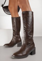Ciemnobrązowe Kozaki Vices na Obcasie w Stylu Oficerek Afurrive. Brązowe kozaki Born2be, bez wzorów, z jeansu, eleganckie, bez obcasa, na obcasie, bez zapięcia. Za 159.99 zł.