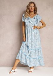 Niebieska Wiskozowa Sukienka Maxi z Falbanką przy Dekolcie i Gumką w Pasie Lamimore. Niebieskie sukienki Renee, na imprezę, m, bez wzorów, z wiskozy, bez kołnierzyka, bez ramiączek, maxi. W wyprzedaży za 75.99 zł.