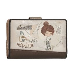 Portfel damski Anekke, z dekoracyjnym nadrukiem i metalowym logo zamykany na klapę wyposażony w przegrody na banknoty kieszeń na monety oraz liczne m. Brązowe portfele Anekke, bez wzorów. Za 179.00 zł.