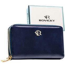 Granatowy portfel-piórnik damski ze skóry ekologicznej zamykany suwakiem - Rovicky. Niebieskie portfele ROVICKY, bez wzorów, ze skóry ekologicznej. Za 69.99 zł.
