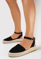 Czarne Espadryle na Płaskiej Plecionej Podeszwie z Paskiem Wokół Kostki Riolla. Czarne espadryle Born2be, bez wzorów, boho, bez obcasa, na płaskiej podeszwie. W wyprzedaży za 76.49 zł.