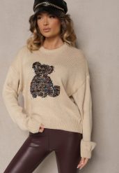 Beżowy Wiskozowy Sweter z Cekinami i Motywem Misia Nyrimi. Brązowe swetry Renee, bez wzorów, z jeansu, casualowe, bez ramiączek. W wyprzedaży za 111.99 zł.