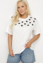 Biały T-shirt z Bawełny Ozdobiony Cyrkoniami i Haftami Firarette. Białe t-shirty Born2be, l, bez wzorów, z bawełny, klasyczne, bez kołnierzyka, bez ramiączek. W wyprzedaży za 46.74 zł.
