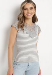 Szary Bawełniany T-shirt z Prążkowanej Dzianiny Ozdobiony Koronką Liasilo. Szare t-shirty Born2be, m, bez wzorów, z bawełny, bez kołnierzyka, bez ramiączek. Za 59.99 zł.
