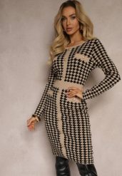 Beżowo-Czarna Sweterkowa Sukienka z Wiskozą w Pipetkę w Eleganckim Stylu Delassea. Brązowe sukienki Renee, m, bez wzorów, z dzianiny, eleganckie, bez kołnierzyka, bez ramiączek. W wyprzedaży za 95.99 zł.