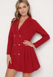 Bordowa Plisowana Sukienka Marynarka o Rozkloszowanym Kroju z Ozdobnymi Guzikami Zoriea. Czerwone marynarki i żakiety Born2be, m, bez wzorów, eleganckie, bez ramiączek. W wyprzedaży za 127.49 zł.