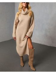 Milan Kiss Sukienka dzianinowa w kolorze beżowym rozmiar: S. Brązowe sukienki Milan Kiss, na co dzień, s, bez wzorów, z dzianiny, bez kołnierzyka, bez ramiączek, maxi, proste. Za 195.99 zł.