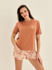 Piżama dwuczęściowa z motywem palm - brązowy. Brązowe piżamy Sinsay, l, bez wzorów, bez kołnierzyka, bez ramiączek. Za 39.99 zł.